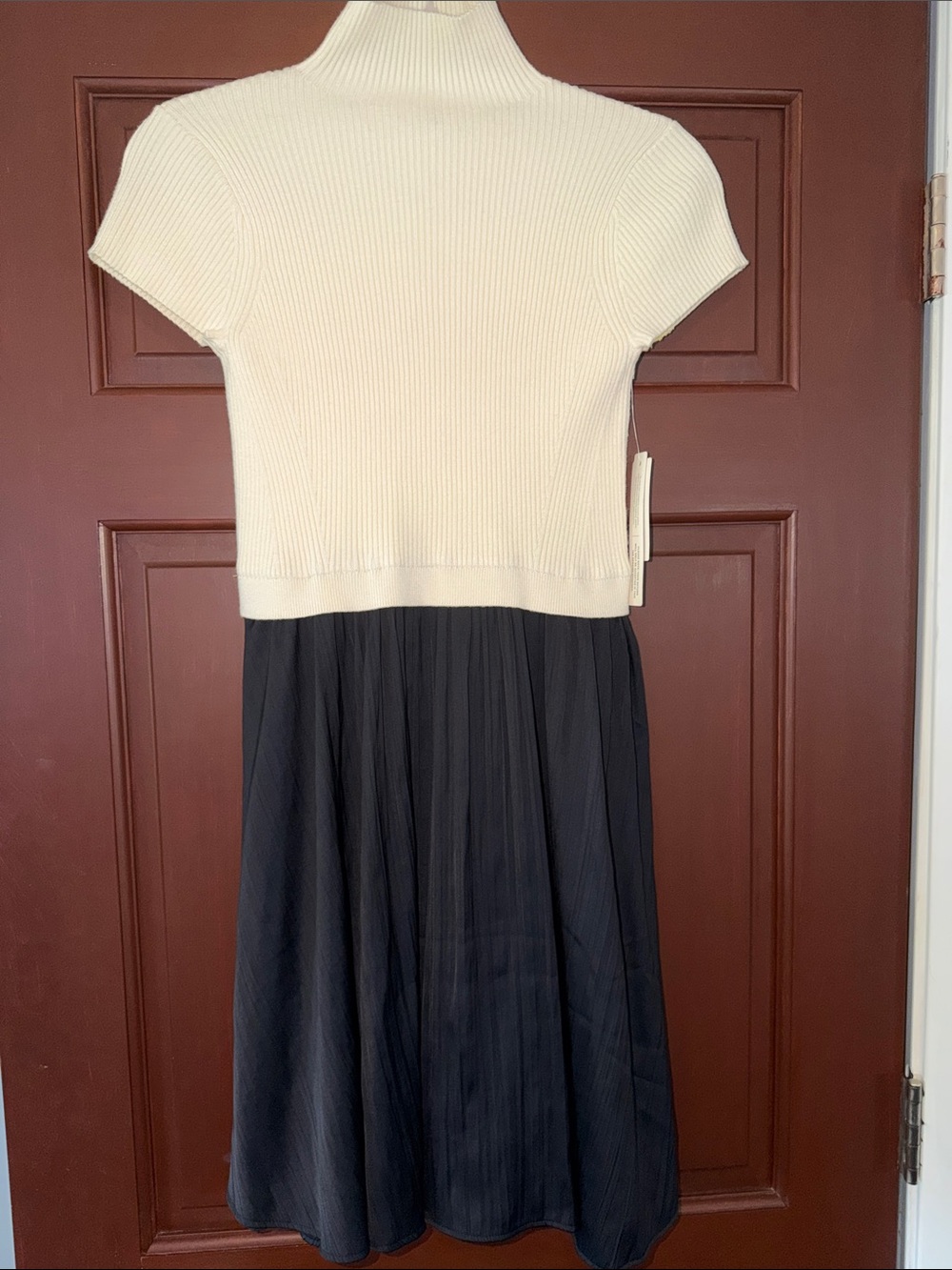 Beautiful NWT Anthropologie Cream Ribbed Knit Top with Black Pleated Skirt Dress